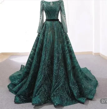 Изготовленные на заказ платья для выпускного вечера Для женщин, Зеленое Элегантное платье с круглым вырезом и длинными рукавами, цветочный узор, тюлевое вечернее платье для официальной вечеринки длиной до пола