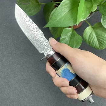 Кемпинг прямой нож Дамаск фиксированным лезвием открытый портативный острый фруктовый нож ручкой разделочный нож с кожаным чехлом