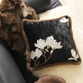 Китайские подушки, Наволочка с цветком Магнолии 45x45, Роскошная черная бархатная декоративная наволочка для дивана, Украшения для дома