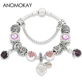 Классический браслет с фиолетовым кристаллом для женщин, подарок девушке, Серебряное Цветочное сердечко, украшения из бисера своими руками