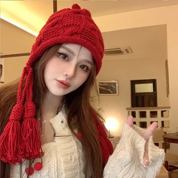 Корейская Женская осенне-зимняя шапка-пуловер ручной вязки, теплые Вязаные шапки для защиты ушей с бахромой, универсальная шапочка с черепом на большой голове