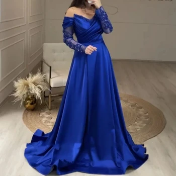 Королевские синие вечерние платья с открытыми плечами и иллюзионными длинными рукавами, блестящие хрустальные бусы, женские вечерние платья для выпускного вечера 2024 года