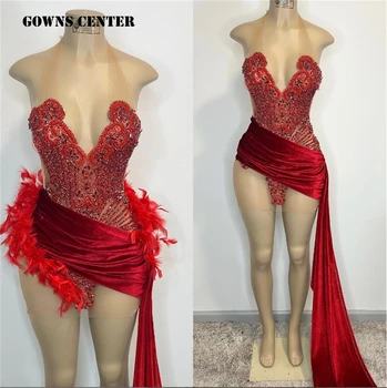 Красное бархатное платье для выпускного вечера с кристаллами Rainstones, сексуальное платье Русалки на день рождения, роскошное мини-коктейльное платье для черной девушки, праздничное платье vestido de gala