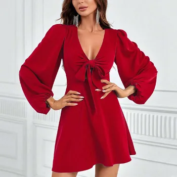 Красные платья Для женщин, однотонное коктейльное платье трапециевидной формы с длинным рукавом и V-образным вырезом, завязывающимся бантом, Элегантные платья для женщин, клубная одежда