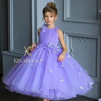 Лавандовое платье для девочки с цветочным узором, пышное платье принцессы для Первого причастия, детские бальные платья на день рождения.