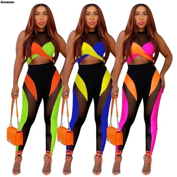 Летний новый женский модный сексуальный многоцветный лоскутный комплект из двух предметов