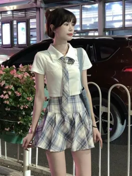 Летний новый модный элегантный комплект из 2 предметов, короткие рубашки-поло + мини-юбки в клетку с высокой талией, Корейские шикарные женские костюмы для вечеринок