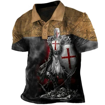 Летняя модная новая мужская рубашка поло с отворотом, футболка, повседневная мужская одежда поло с 3D принтом рыцаря с коротким рукавом