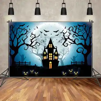 ЛУНА.Фон QG Замок, тень ветки дерева, баннер для фотосессии на Хэллоуин, фон для фотобудки, забор из травы, тыквенная лампа, декор для вечеринки 