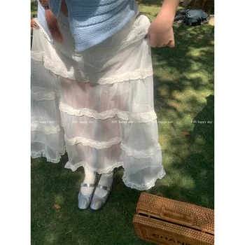Макси Длинные тюлевые юбки из белой сетки для женщин, готическая плиссированная юбка, повседневные Сказочные летние юбки 2023 Falda Mujer
