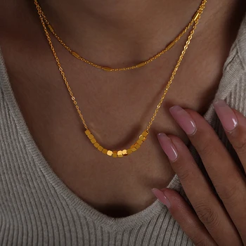 Модное двухслойное ожерелье с подвеской в виде блока с золотым покрытием для женщин из нержавеющей стали, высококачественные трендовые ювелирные изделия, подарок девушке