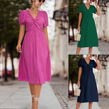 Модное Новинка 2023, летнее длинное платье, женское вечернее платье Макси с коротким рукавом, женское платье трапециевидной формы с V-образным вырезом и бантом для женщин