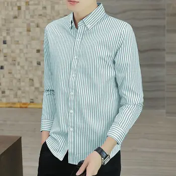 Мужские рубашки в полоску с длинными рукавами, Мужские Корейские удобные блузки, повседневная свободная однобортная рубашка, мужская рубашка Harajuku C44