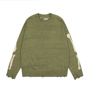 Мужские свитера с круглым вырезом для хай-стрит, женский пуловер, зеленый жакет свободного кроя с дырками, более высокое качество