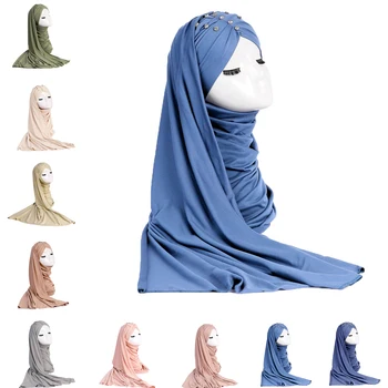 Мусульманские Женщины Хиджаб Ремень Длинный Платок Плиссированный Сплошной Цвет Бриллианты Шаль Тюрбан Шарф Оберточная Бумага Банданы Исламская Повязка Turbante