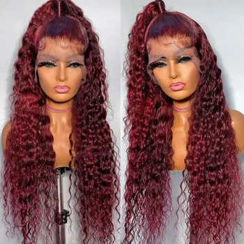 Мягкий бесклеевой бордовый 26-дюймовый длинный 99j Кудрявый парик на кружеве спереди для чернокожих женщин BabyHair плотностью 180%, предварительно выщипанный для ежедневного косплея