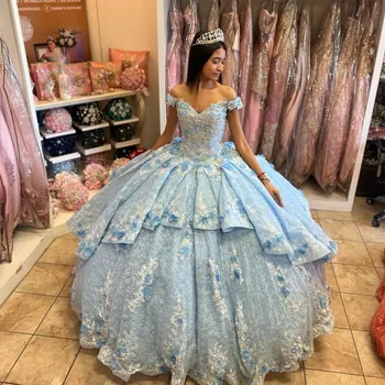 Небесно-Голубое Бальное платье С Открытыми Плечами, Красочные Аппликации из Бисера, Хрустальное 3DFlower Quinceanera Dress Princess Sweet 16 Vestidos De