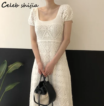 Новое летнее трикотажное платье женское 2023 Белое Облегающее платье с квадратным вырезом и цветочным узором в виде крючка Женское Корейское Элегантное Облегающее платье-свитер