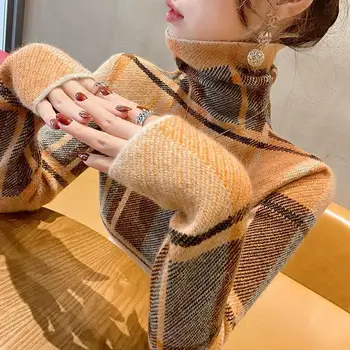 Осенне-зимняя женская мода, Элегантный пуловер с высоким воротом, клетчатая вставка, Повседневный Универсальный свитер приталенного кроя с длинным рукавом, вязаные топы
