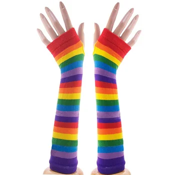 Пара Разноцветных Радужных Полосатых Трикотажных Перчаток Без пальцев, Согревающих руки