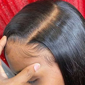 Парик с прямыми кружевами спереди Бразильский 13х4 Прозрачный парик с предварительно выщипанными волосами Боб для чернокожих женщин из человеческих волос 180 Плотности