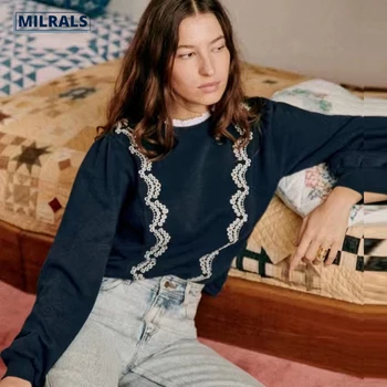 Повседневная женская толстовка MILRALS из хлопкового трикотажа с вышивкой 2023, Осенний кружевной пуловер с длинными рукавами, модный винтажный свитер