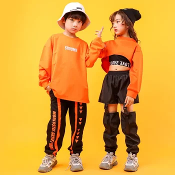 Полые повседневные брюки для девочек и мальчиков, костюм для джазовых танцев, одежда, детская одежда в стиле хип-хоп, Оранжевая толстовка, футболка, укороченный топ