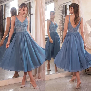 Пыльно-голубые платья для выпускного вечера, расшитые бисером, короткие вечерние платья чайной длины для женщин, элегантное вечернее платье с V-образным вырезом