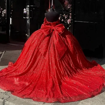 Реальное изображение Роскошные Красные блестящие платья Quincenara С открытыми плечами и бантом, Милое платье для вечеринки по случаю Дня рождения 16-14, Vestidos De XV Años