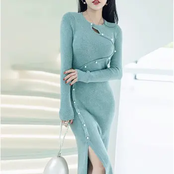 Ретро Элегантное Улучшенное женское Осенне-зимнее новое Приталенное трикотажное платье с длинным рукавом и круглым вырезом, юбка с запахом по низу, бедра, юбка B651