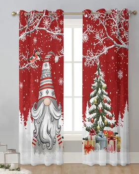 Рождественский подарок в виде снежного гнома со снежинками, красные тюлевые шторы для гостиной, кухни, Прозрачные окна, Вуалевые шторы с люверсами