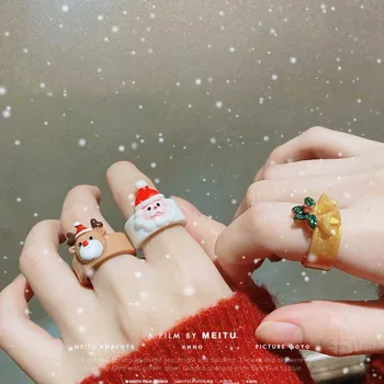 Рождественское кольцо с Санта-Клаусом и лосем для женщин в уникальном дизайне, кольцо на указательный палец, модные акриловые аксессуары для колец