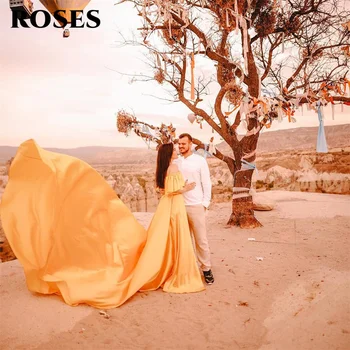 Розово-желтое Очаровательное платье для выпускного вечера, вечернее платье с открытыми плечами, Мягкое вечернее платье с длинным шлейфом, vestidos de noche