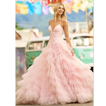 Розовое многослойное бальное платье принцессы 2024 Вечернее платье из тюля с широким шлейфом Вечернее платье без рукавов Вечернее платье без рукавов