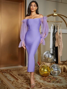 Сексуальное фиолетовое сетчатое бандажное платье с длинными рукавами и открытыми плечами, женское облегающее платье с разрезом, Элегантная Вечерняя клубная вечеринка