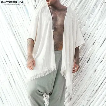 Сексуальные Модные Топы INCERUN Новые Мужские Простые Свободные Лоскутные рубашки с кисточками Повседневный мужской Кардиган с короткими рукавами, блузка S-5XL 2023