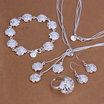 Серебряный цвет Женщины леди свадебные украшения темперамент цветок ожерелье браслеты Серьги кольцо модные ювелирные наборы