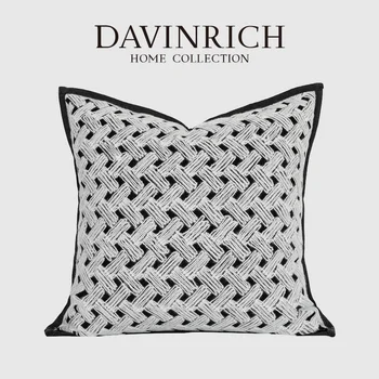 Современный роскошный чехол для подушки DAVINRICH, черно-белая шерстяная наволочка с вышивкой из переплетенных нитей для гостиной, дивана, спальни