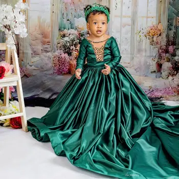 Темно-зеленые Расшитые бисером платья в цветочек для девочек, Детские бальные платья принцессы для Первого причастия с длинным рукавом, Платье для крещения малышей