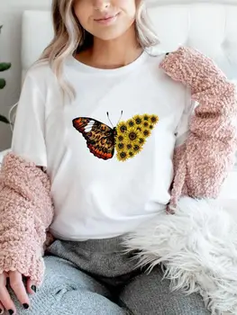 Трендовая женская одежда с подсолнухом и бабочкой, повседневная футболка, летняя футболка с коротким рукавом, женская модная одежда с принтом, графические футболки