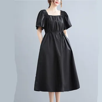 Французское модное Летнее платье с квадратным воротником в стиле Хепберн, шикарное Черное Летнее платье с поясами, Тонкое Офисное Женское рабочее платье, женское повседневное платье Миди