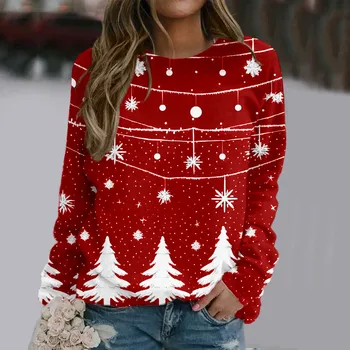 Футболки Traf Christmas Tree с длинными рукавами, круглый вырез, пуловер со снеговиком, осень-зима, свободный крой для женщин, женские толстовки, толстовки с капюшоном