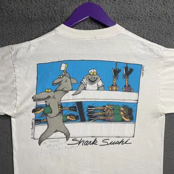 Футболки Vtg Shark Sushi Crazy с графическим рисунком 80-х, футболка Aloha Hawaii с автографом художника, длинные рукава