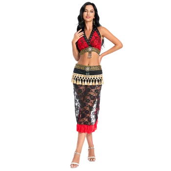 Хит продаж, Сексуальный Племенной кружевной костюм для танца живота, бюстгальтер, комплект шарфов, одежда для карнавальных представлений, одежда для египетских танцев
