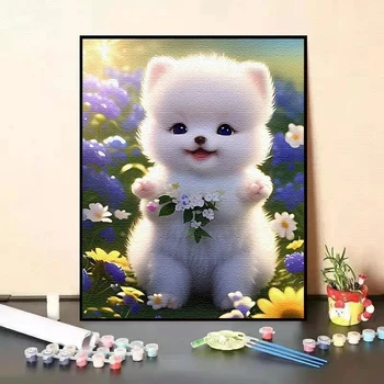 Цифровая картина маслом с милой собачкой, цвет заливки D, день рождения девочки, ручная роспись, отдел декоративной живописи
