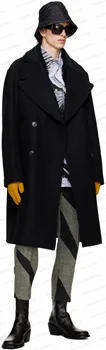 Черное Свободное Шерстяное Мужское пальто, Зимний мужской костюм, 1 шт., Свободный Блейзер, Официальное Двубортное Зимнее Длинное пальто, куртка, сшитая на заказ
