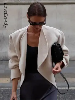 Элегантная однотонная куртка с отворотом и рукавом-фонариком, женское модное Теплое Свободное короткое пальто 2023, Осень-Зима, женская повседневная уличная одежда высокого качества