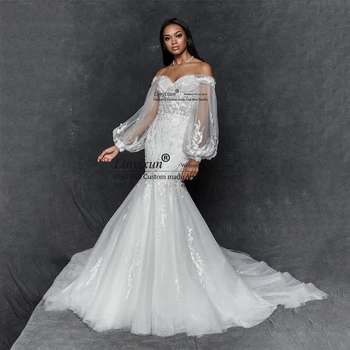 Элегантное свадебное платье с аппликацией из кружева Русалки, свадебное платье с открытыми плечами, длинные рукава, шлейф, Африканское пляжное платье Vestido De Novia