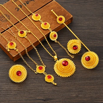 Эфиопский традиционный комплект свадебных украшений из красного камня золотого цвета, ожерелье, серьги, Кольцо, Заколка для волос, Подарки, Свадебные украшения для женщин